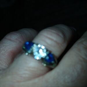 Vintage Sterling Silver, Blue Sapphire & Diamond Raised Setting Ring Size 7